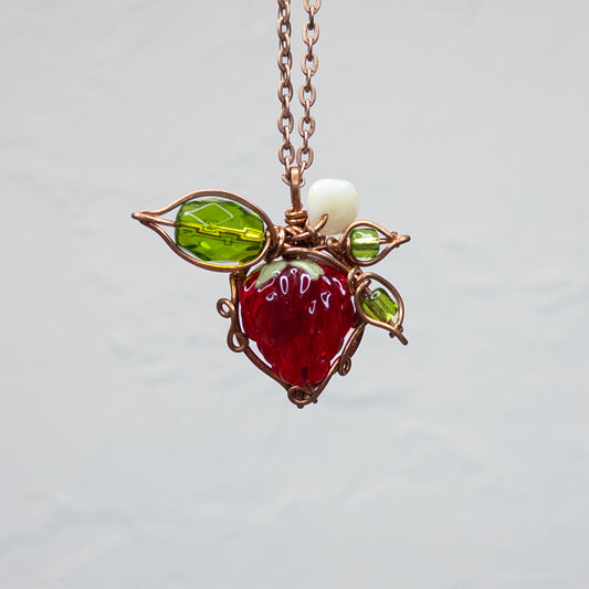 Whimsical Glass Raspberry Copper Wrapped Pendant with Shell Flower - C