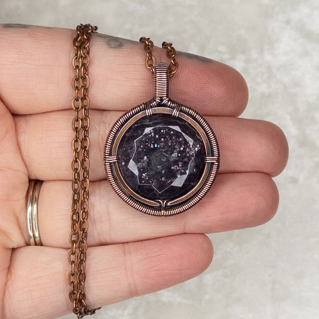 Faceted Bloodshot Iolite Antiqued Copper Medallion Pendant