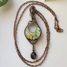 Load image into Gallery viewer, Crescent Moon Labradorite With Labradorite Charm Copper Wrapped Pendant
