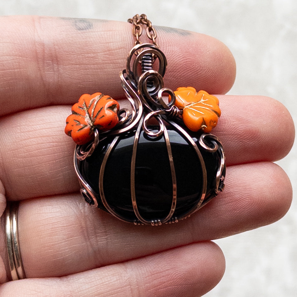 Black Onyx Antiqued Copper Pumpkin Pendant With Czech Glass Leaves