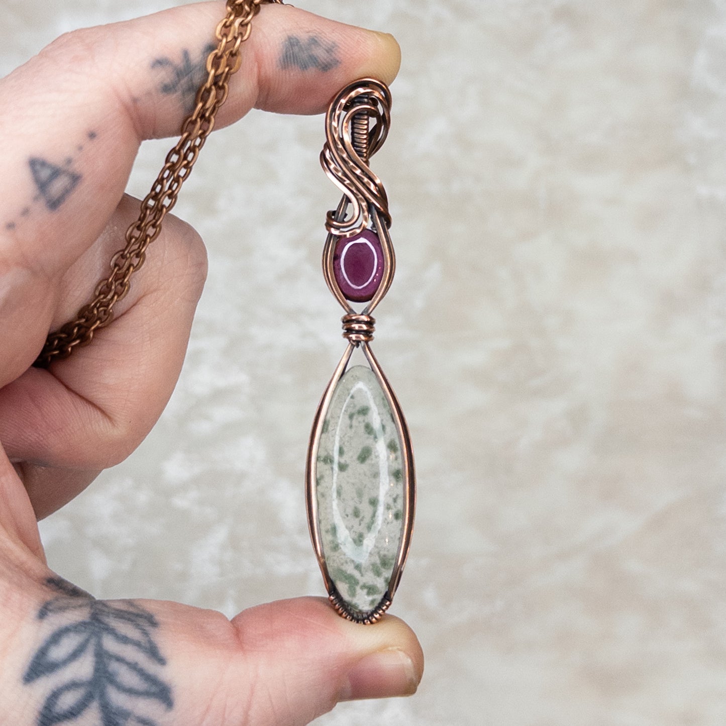 Chlorite Included Quartz & Fuchsia Garnet Antiqued Copper Pendant