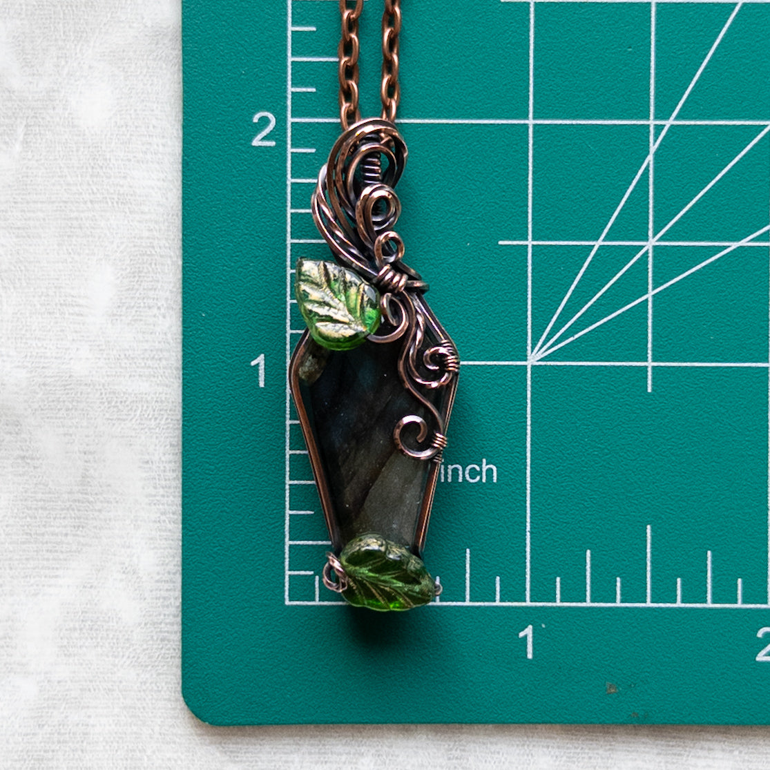 Labradorite Coffin & Leaves Antiqued Copper Pendant