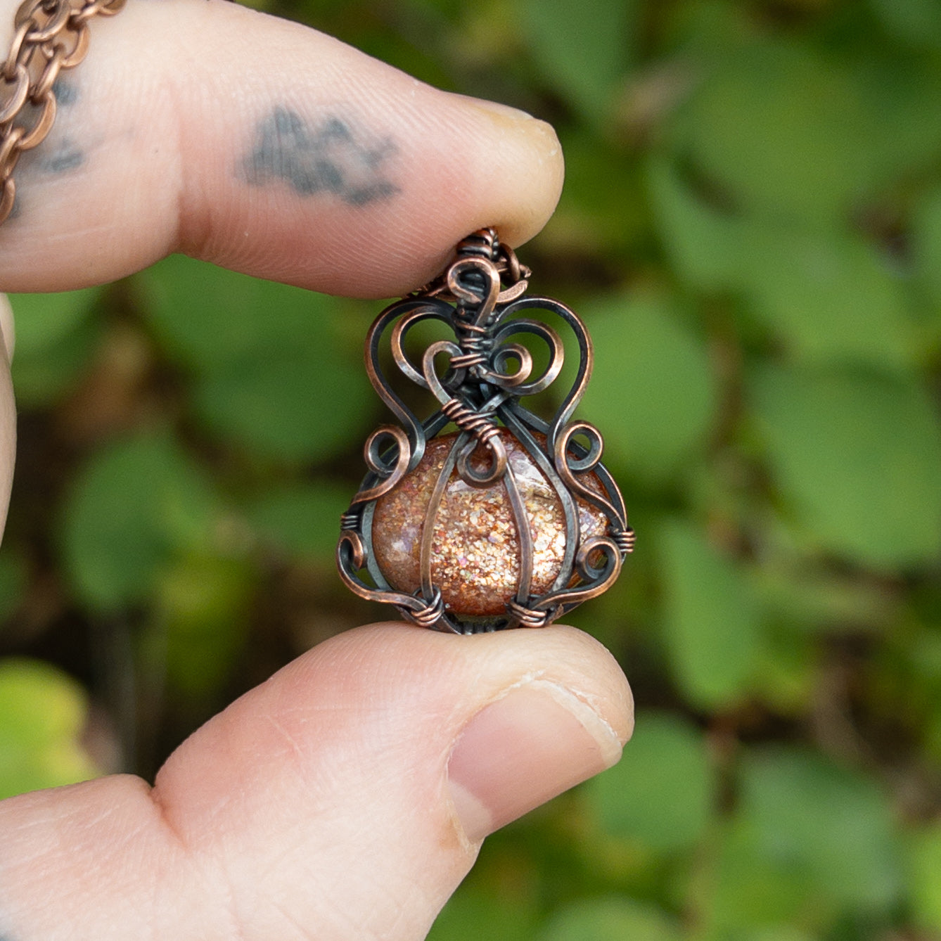 Dainty Sunstone Pumpkin Antiqued Copper Wrapped Pendant