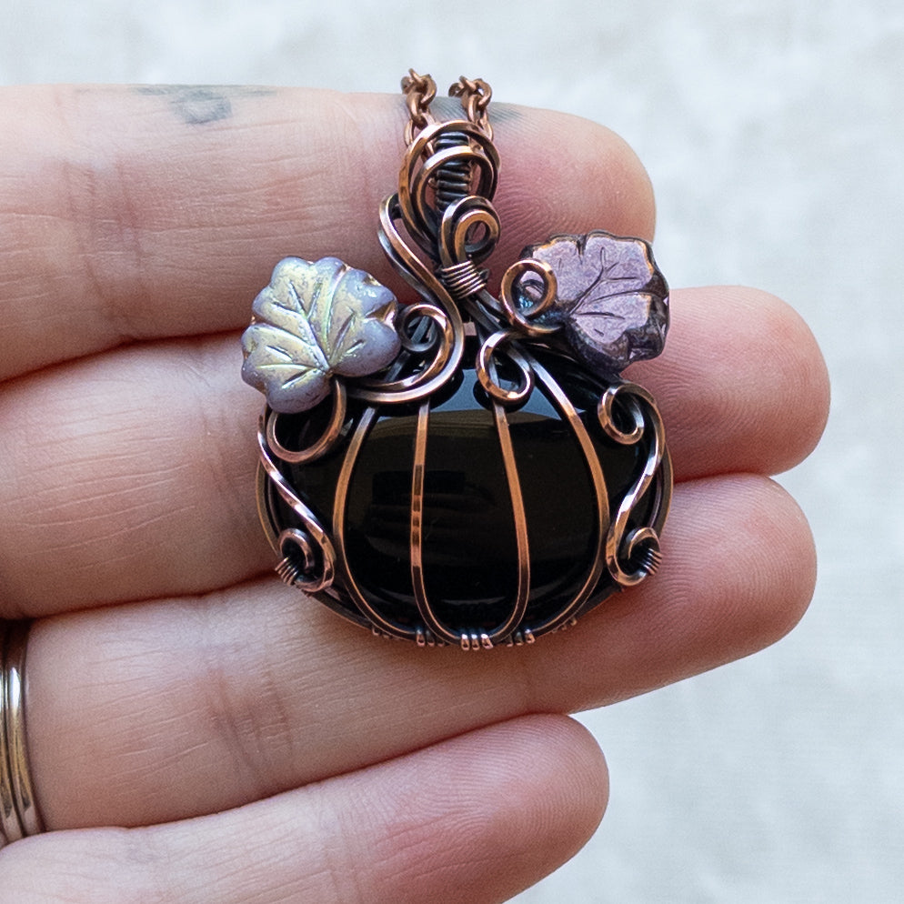 Black Onyx Antiqued Copper Pumpkin Pendant With Purple Leaves