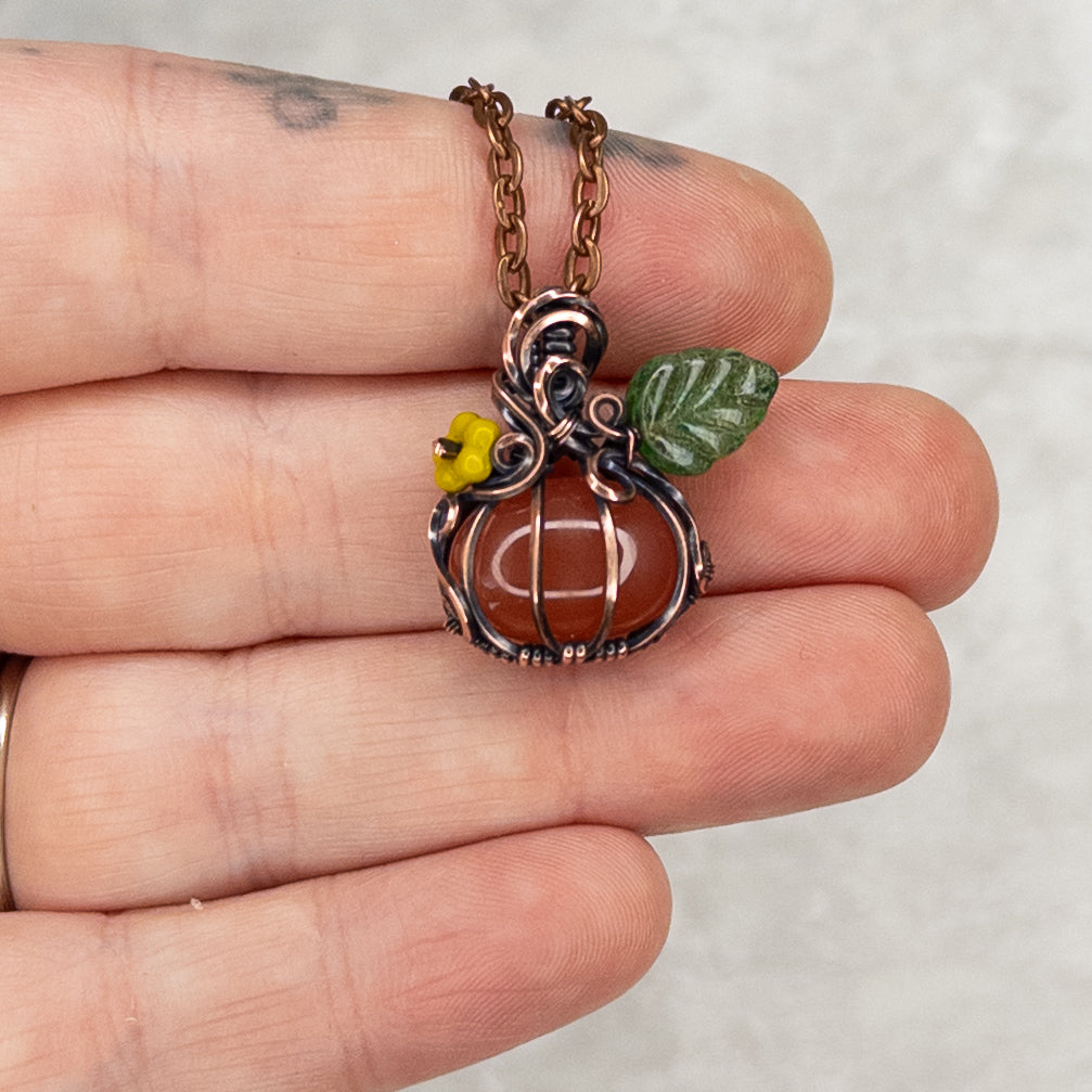 Dainty Carnelian Antiqued Copper Pumpkin Pendant with Czech Glass Blossom & Leaf
