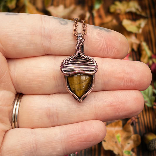 Tiger’s Eye Acorn Antiqued Copper Pendant