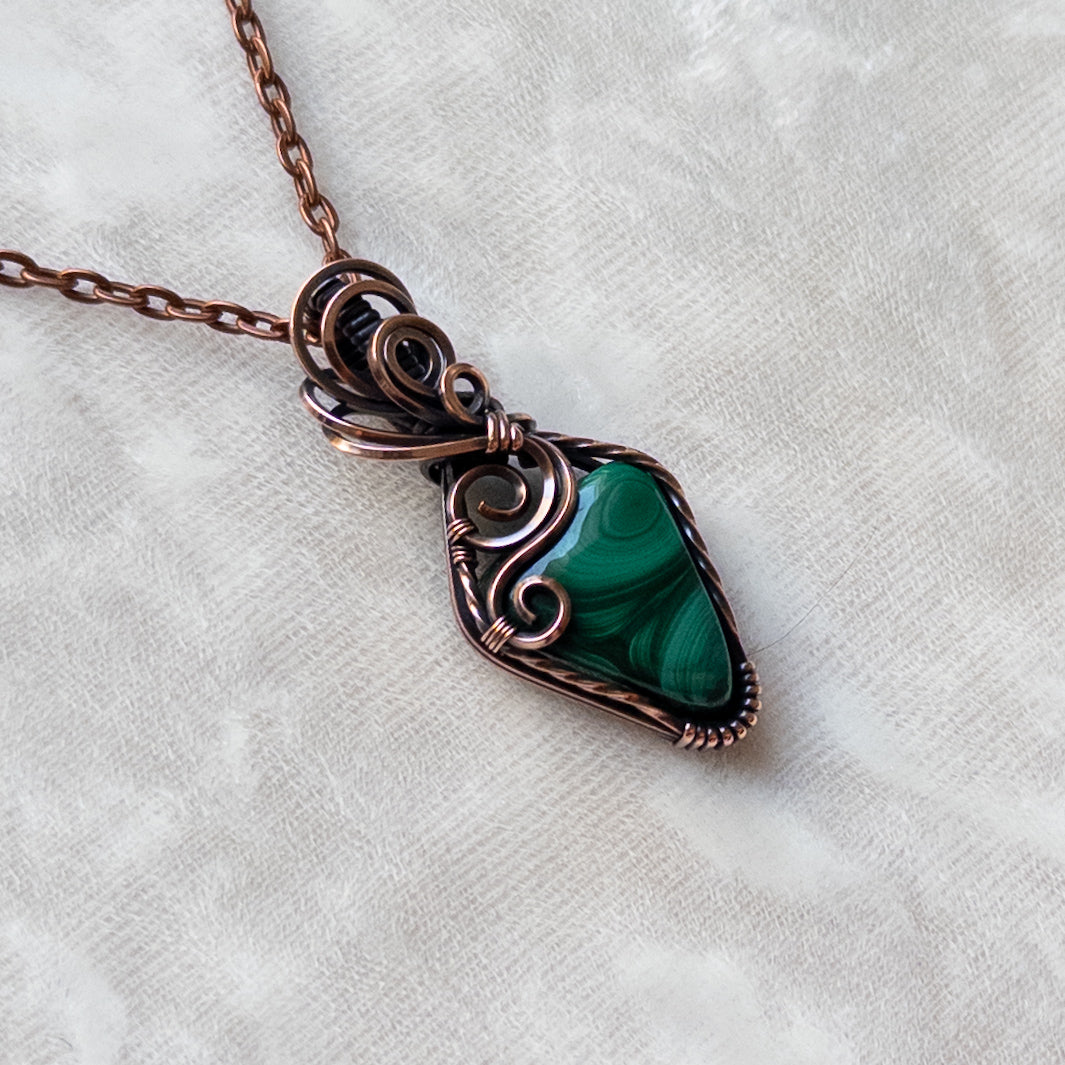 Dainty Malachite Antiqued Copper Pendant