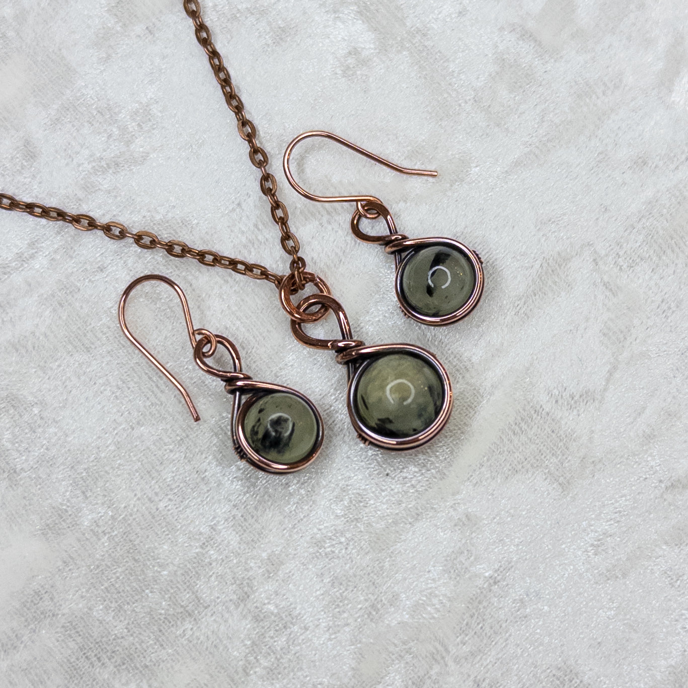 Drops of Prehnite Antiqued Copper Pendant & Earrings Set