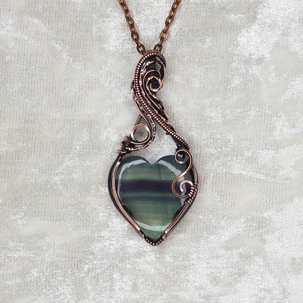 Banded Fluorite Heart Antiqued Copper Pendant