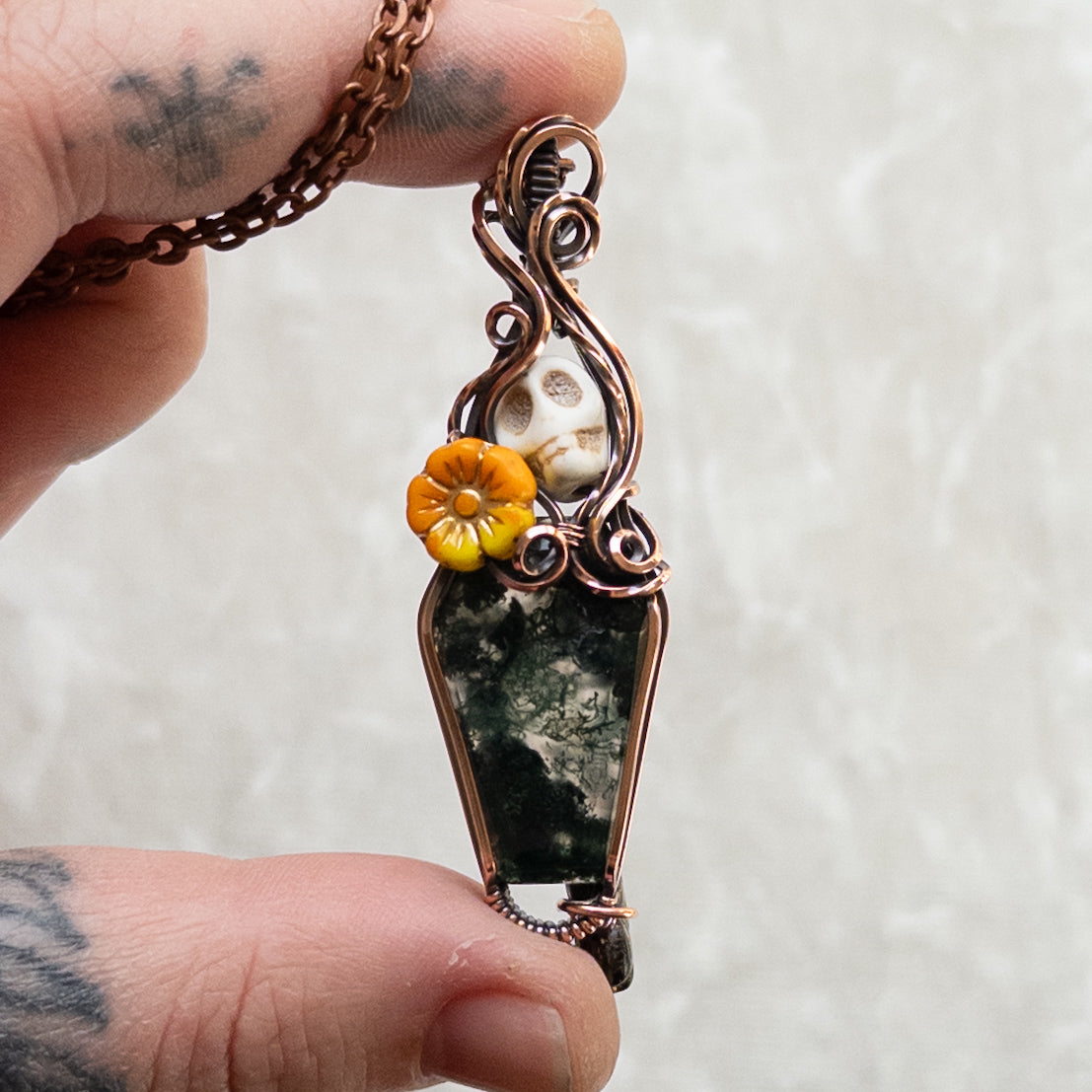 Moss Agate Coffin, Skull, & Marigold Antiqued Copper Pendant With Dangling Czech Glass Leaf