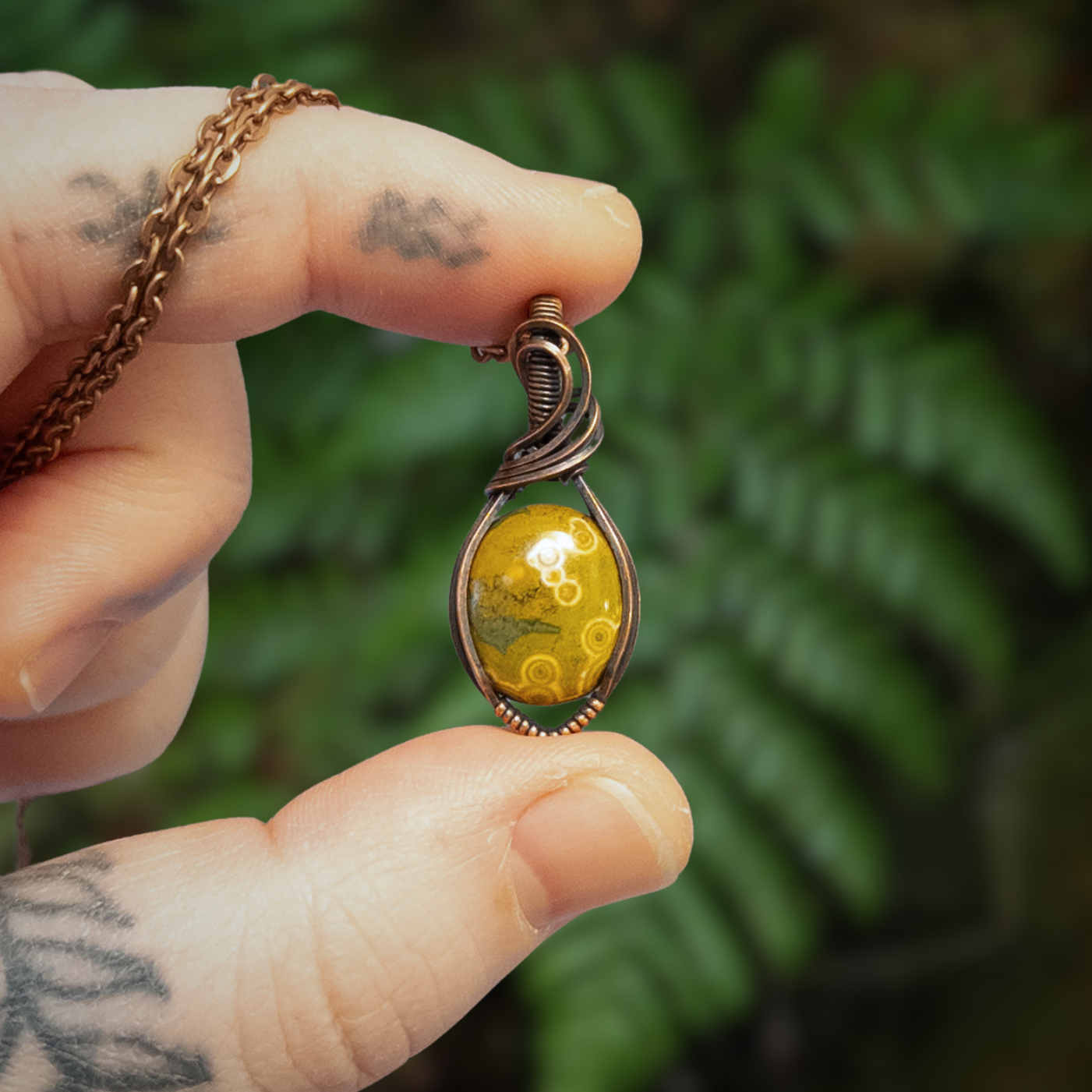 Dainty Yellow Ocean Jasper Copper Wrapped Pendant