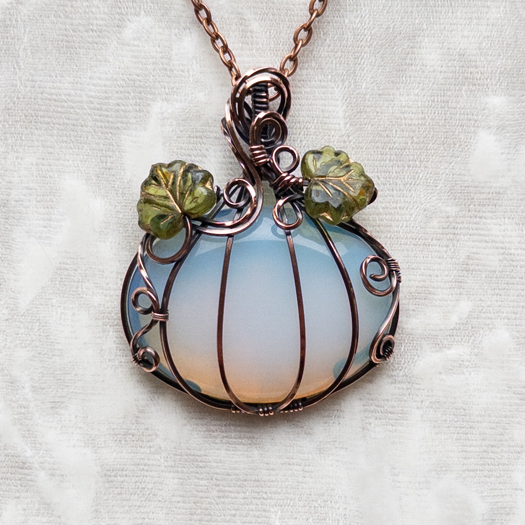 Opalite Glass Antiqued Copper Pumpkin Pendant With Czech Glass Leaves