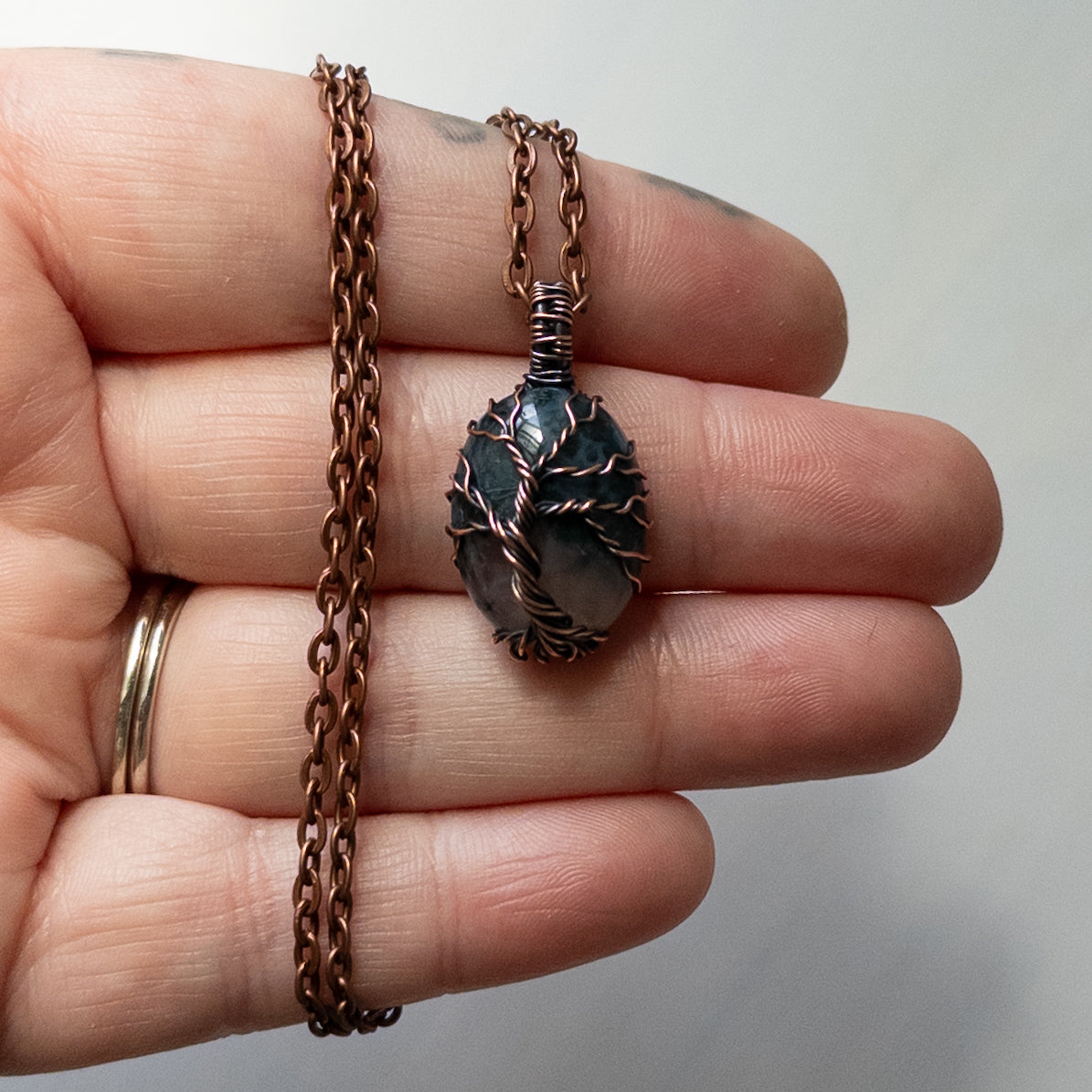 Moss Agate Tree Oval Antiqued Copper Pendant