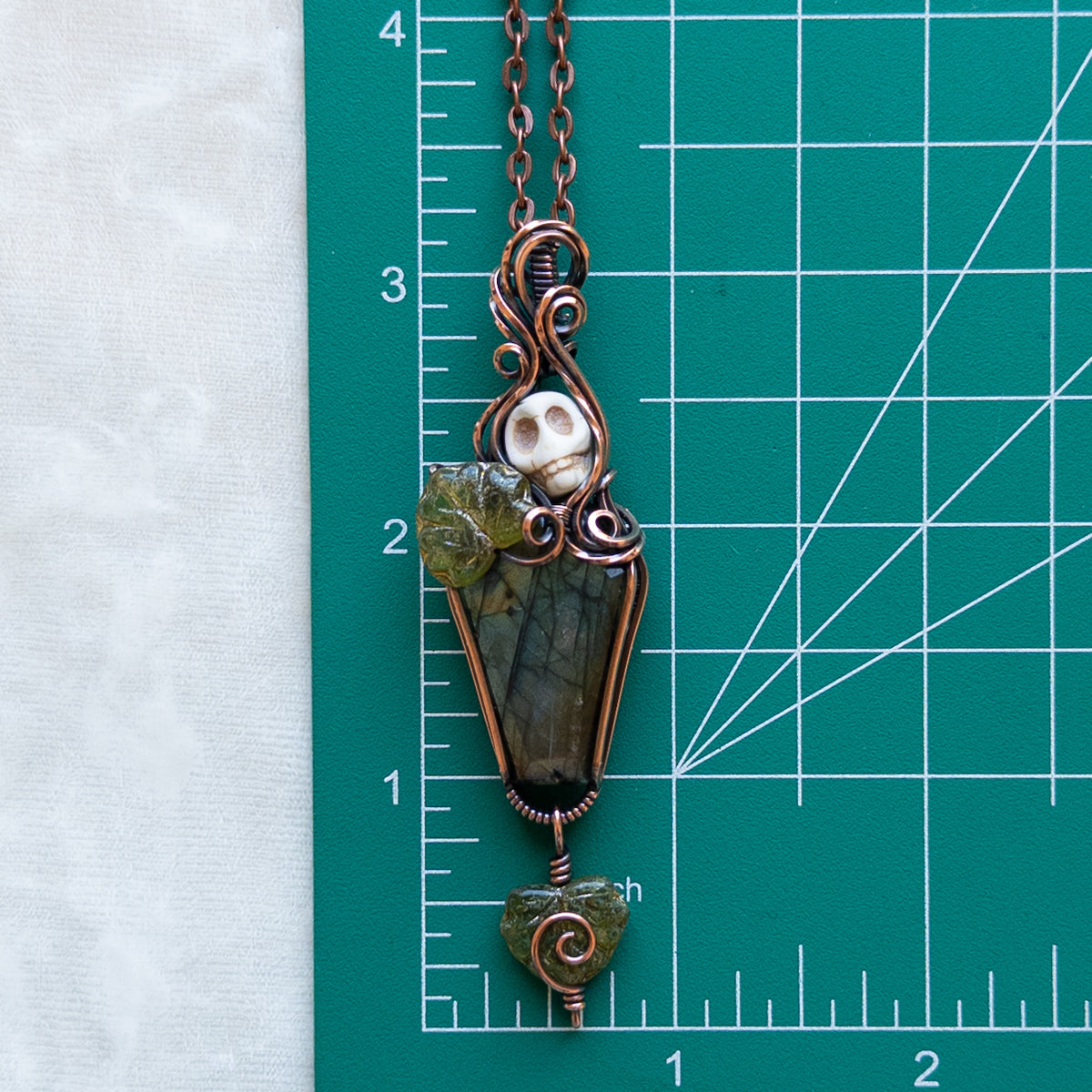 Labradorite Coffin & Skull Antiqued Copper Pendant With Czech Glass Leaves