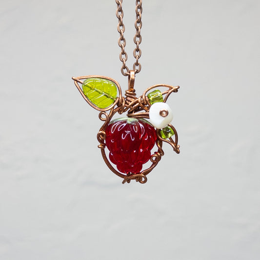 Whimsical Glass Raspberry Copper Wrapped Pendant with Shell Flower - D