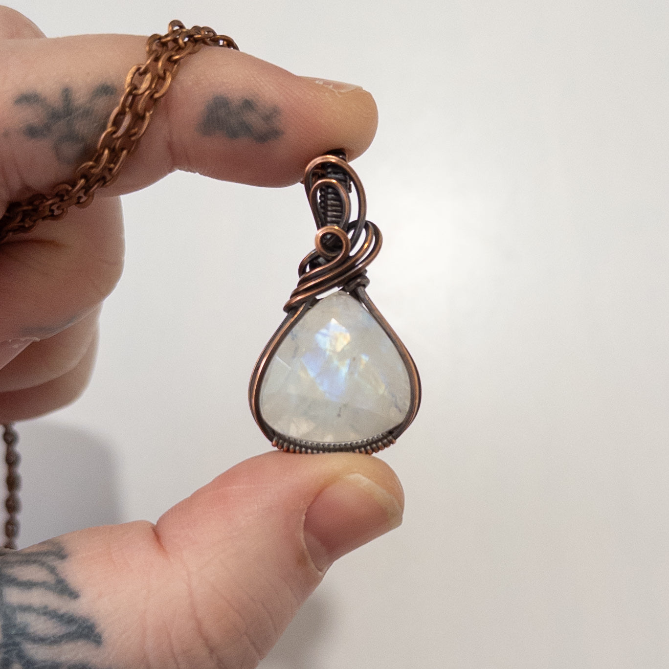 Rose Cut Rainbow Moonstone Copper Wrapped Pendant