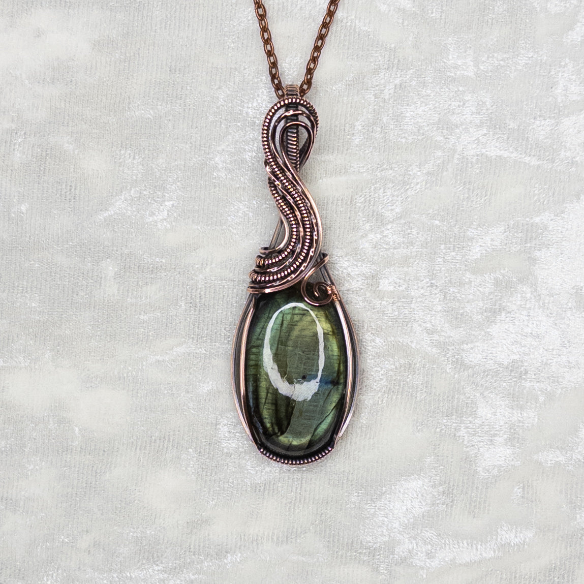 Green With A Splash Of Blue Labradorite Antiqued Copper Pendant