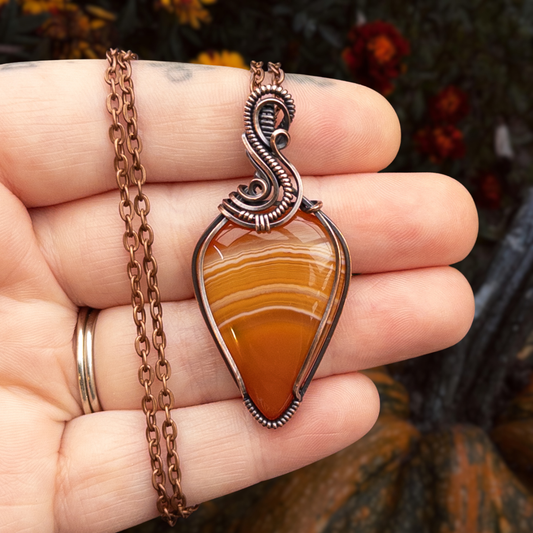 “Candy Corn” Orange Banded Agate Antiqued Copper Pendant