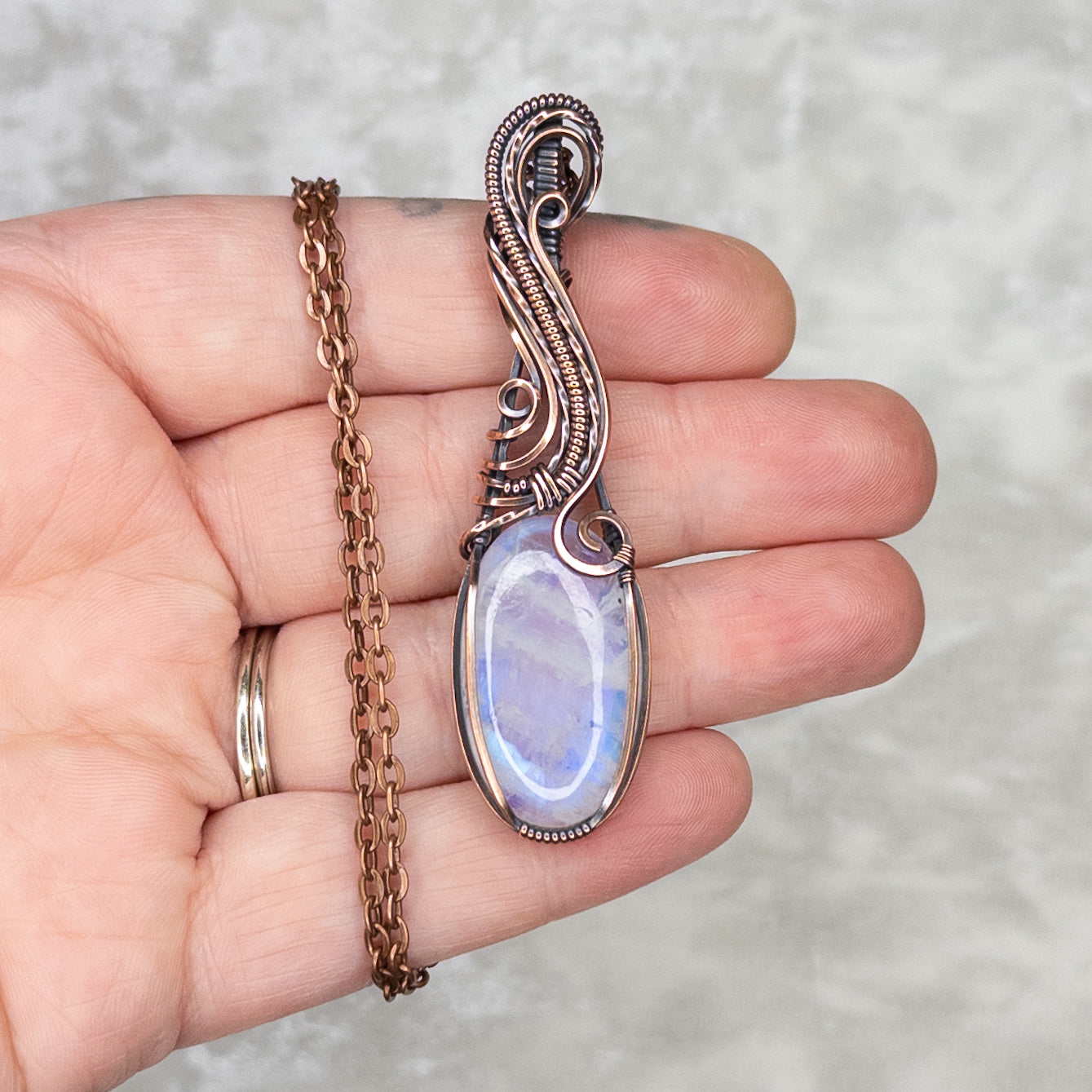Blue Flash Moonstone Antiqued Copper Pendant