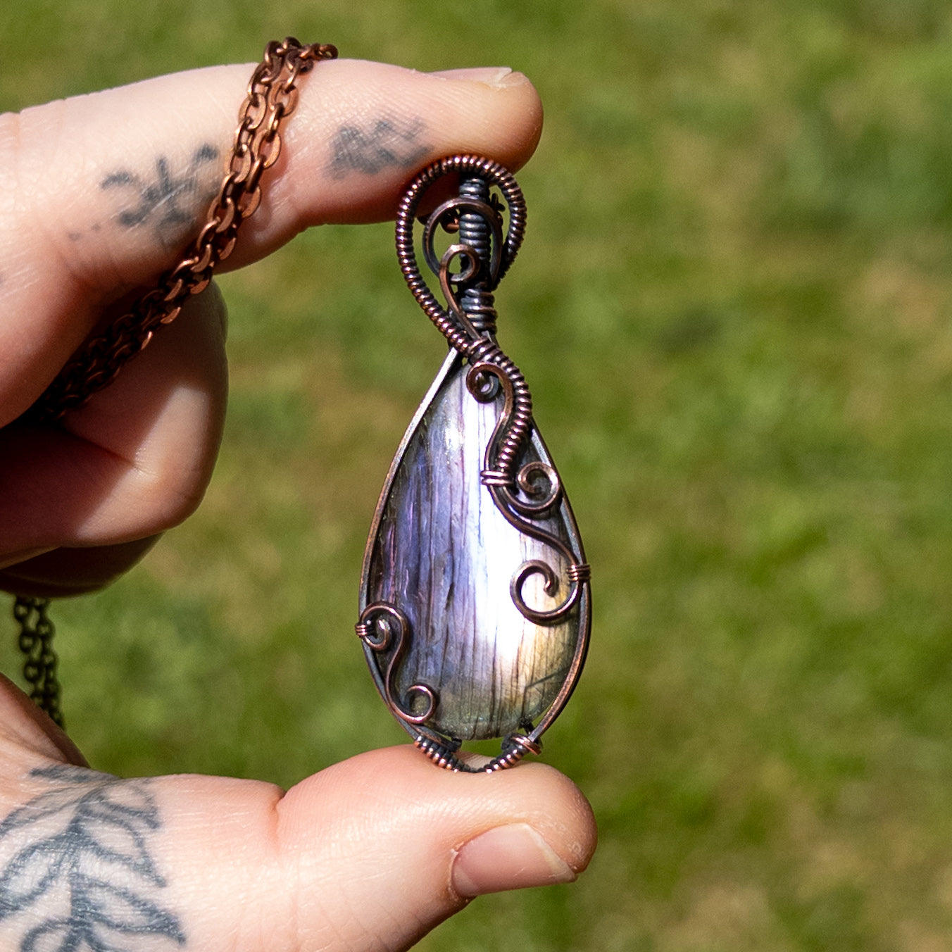 Purple Labradorite with Swirl Design Antiqued Copper Wrapped Pendant