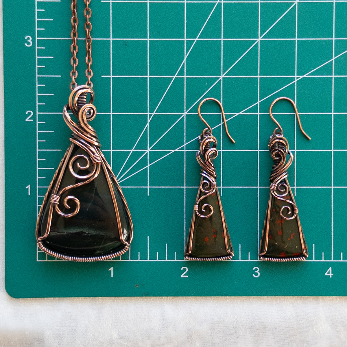 Bloodstone Jasper Antiqued Copper Pendant & Earring Set