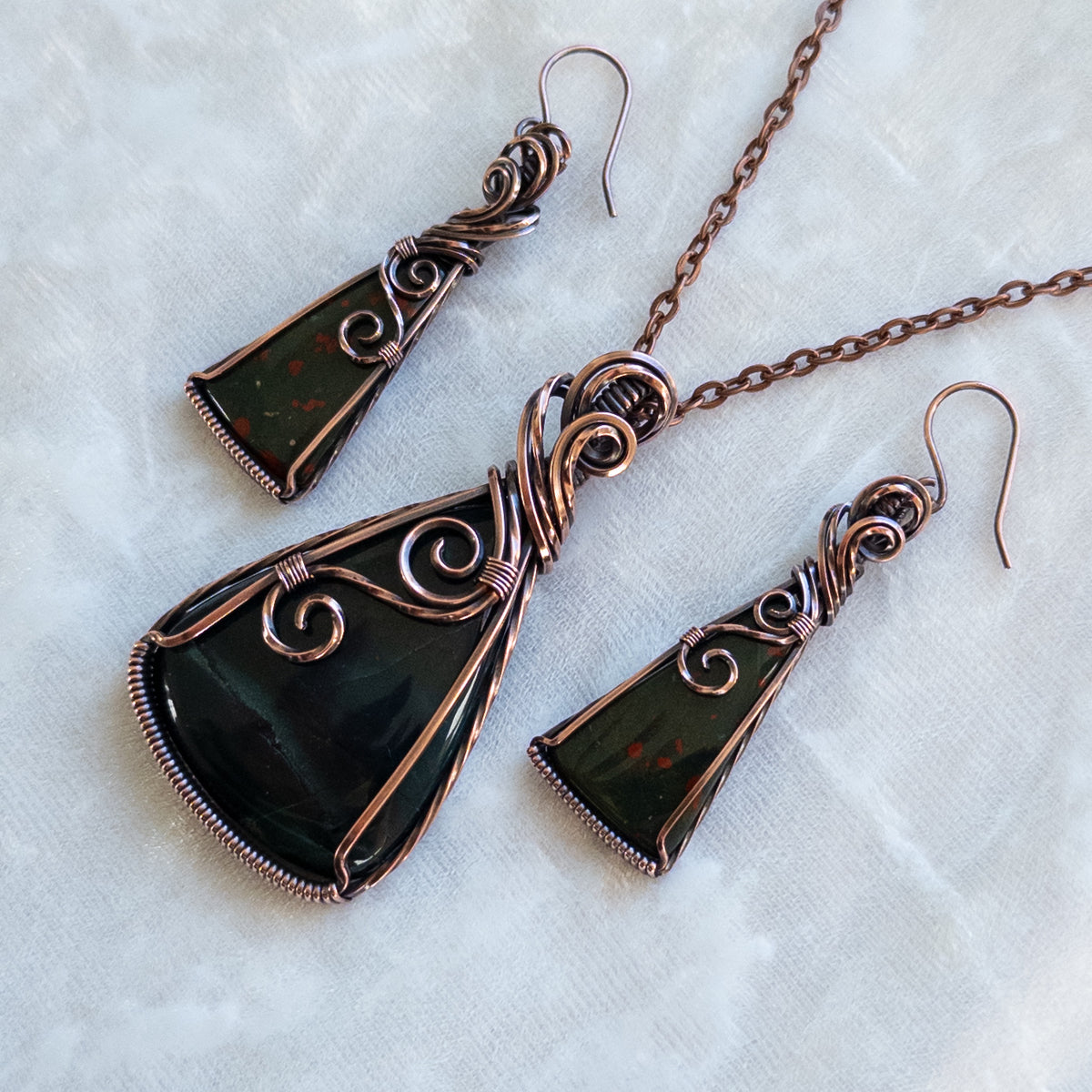 Bloodstone Jasper Antiqued Copper Pendant & Earring Set