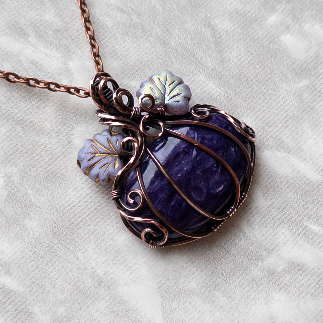 Charoite Pumpkin Antiqued Copper Pendant With Czech Glass Leaves