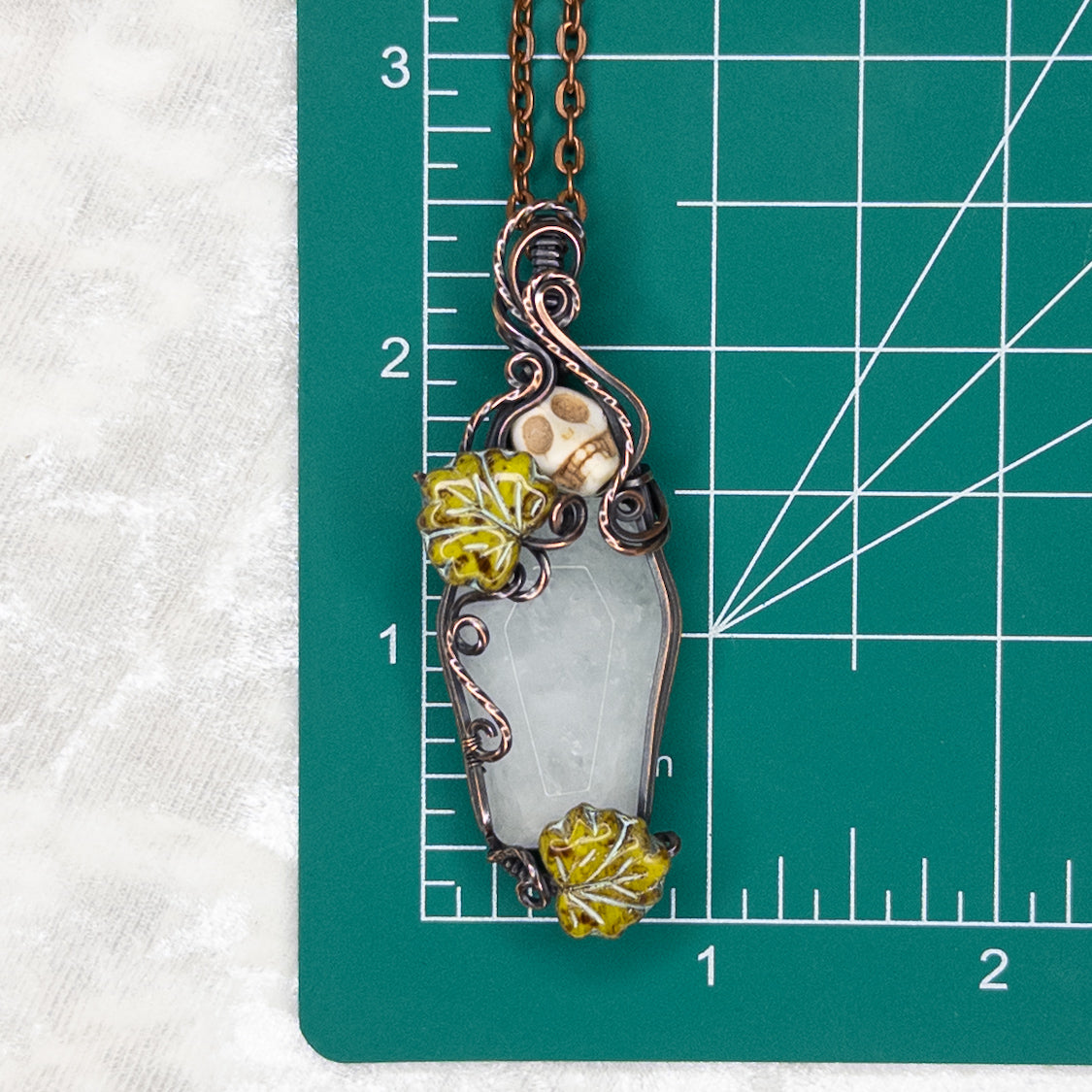 Quartz Coffin & Skull Antiqued Copper Pendant With Czech Glass Leaves