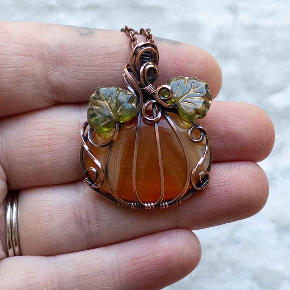 Orange Agate Pumpkin Pendant Witch Czech Glass Leaves - Antiqued Copper