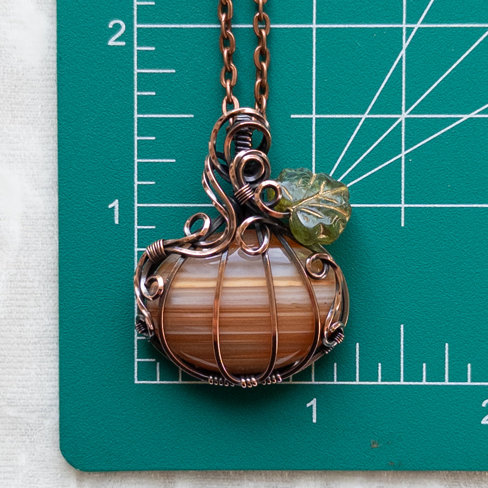 “Candy Corn” Agate Antiqued Copper Pumpkin Pendant With Czech Glass Leaf