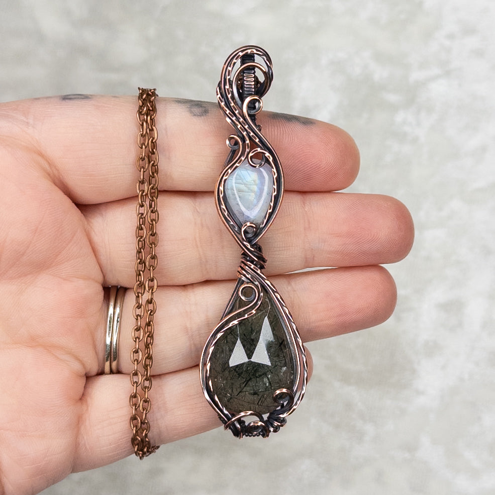 Rose-Cut Prehnite & Rainbow Moonstone Antiqued Copper Pendant
