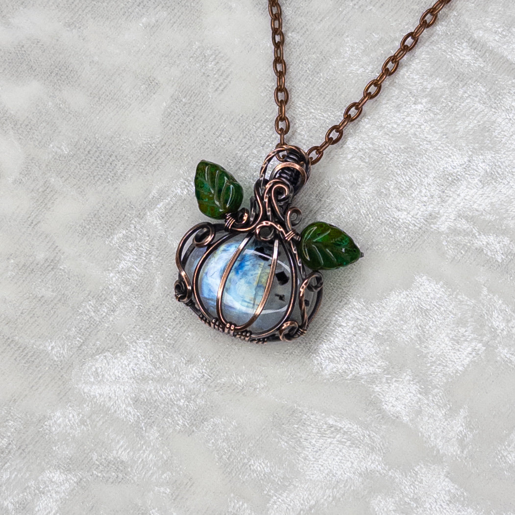 Rainbow Moonstone Antiqued Copper Pumpkin Pendant With Czech Glass Leaves