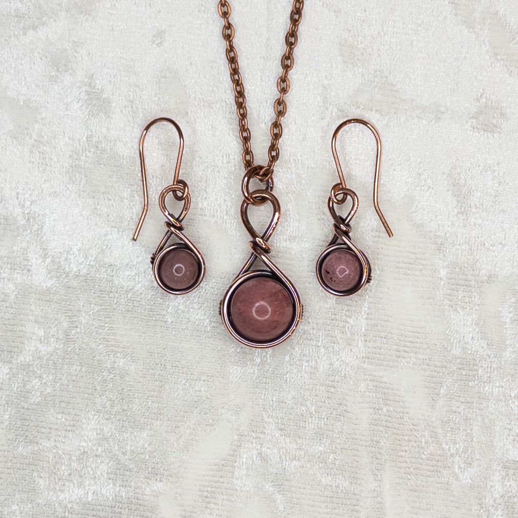Drops of Rhodonite Antiqued Copper Pendant & Earrings Set