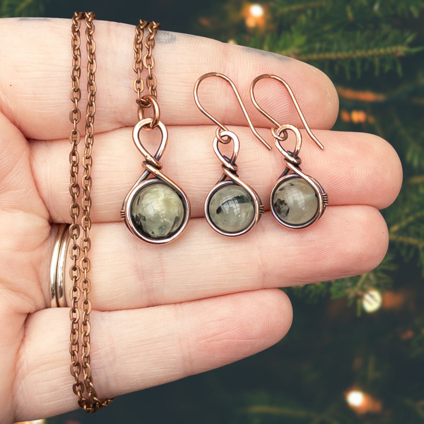 Drops of Prehnite Antiqued Copper Pendant & Earrings Set