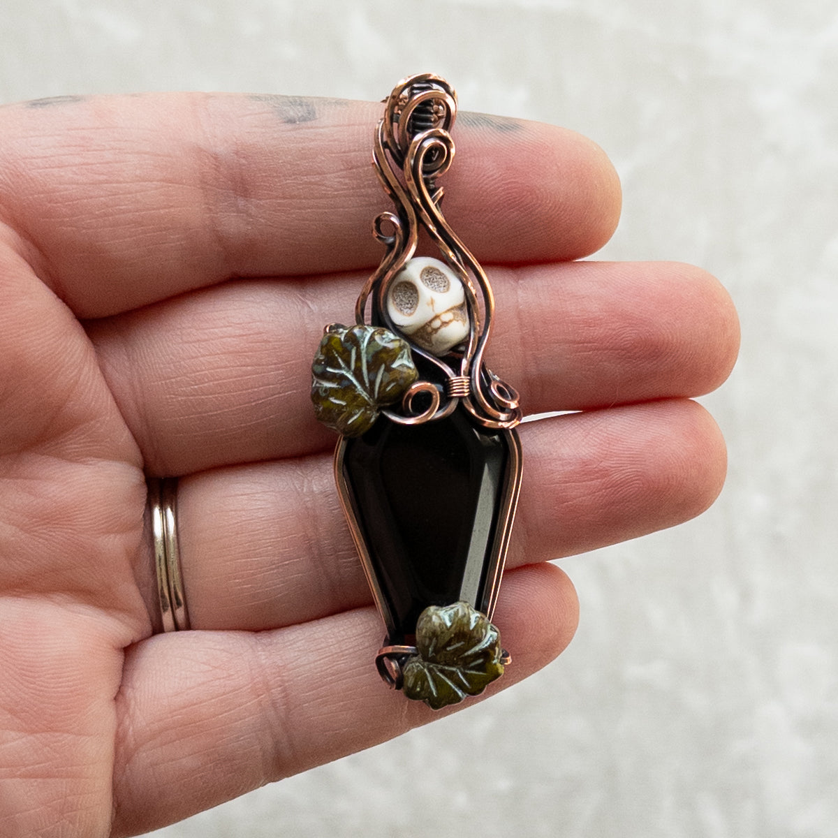 Obsidian Coffin & Skull Antiqued Copper Pendant With Czech Glass Leaves