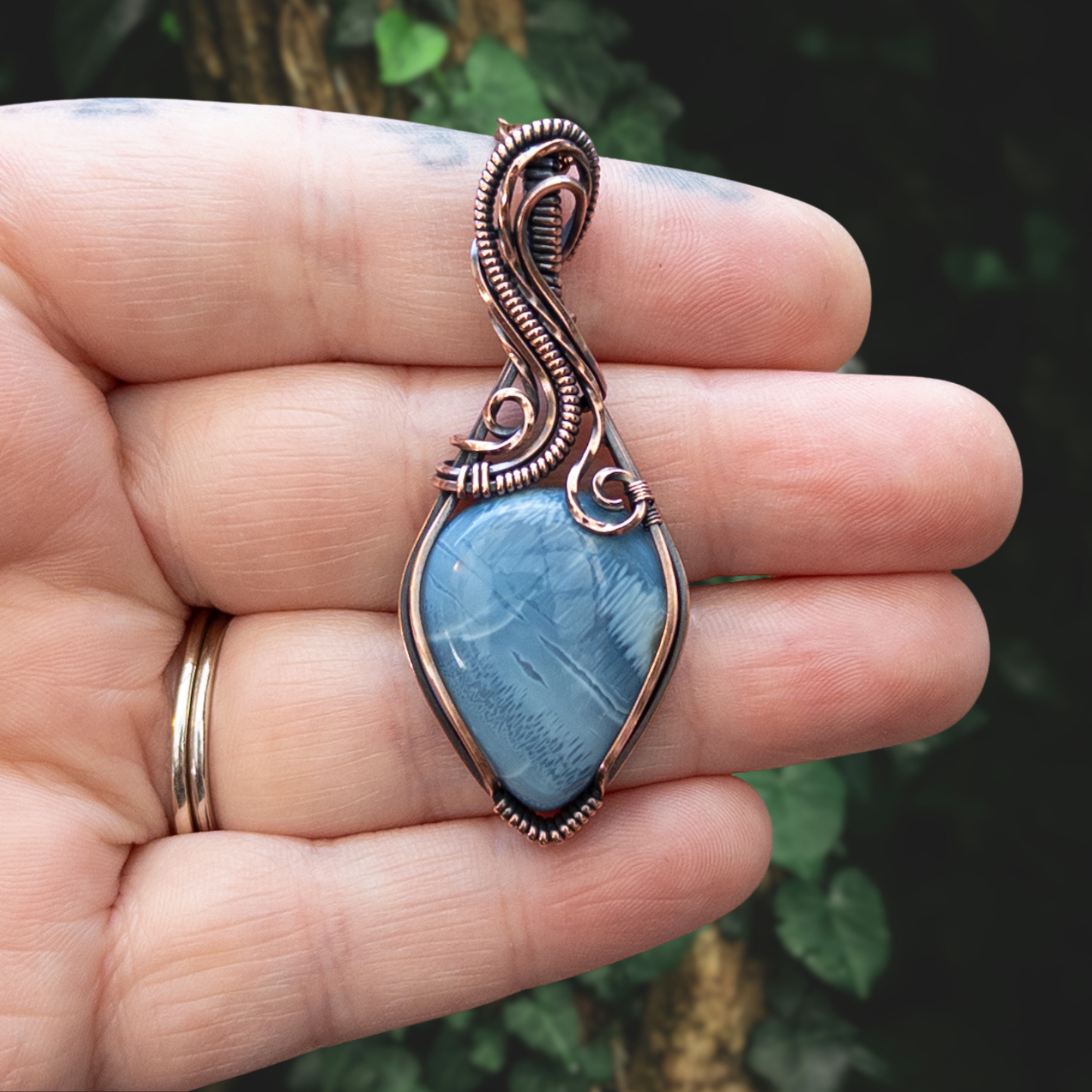 Frosty Blue Opal Antiqued Copper Pendant