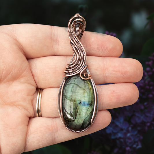 Green With A Splash Of Blue Labradorite Antiqued Copper Pendant