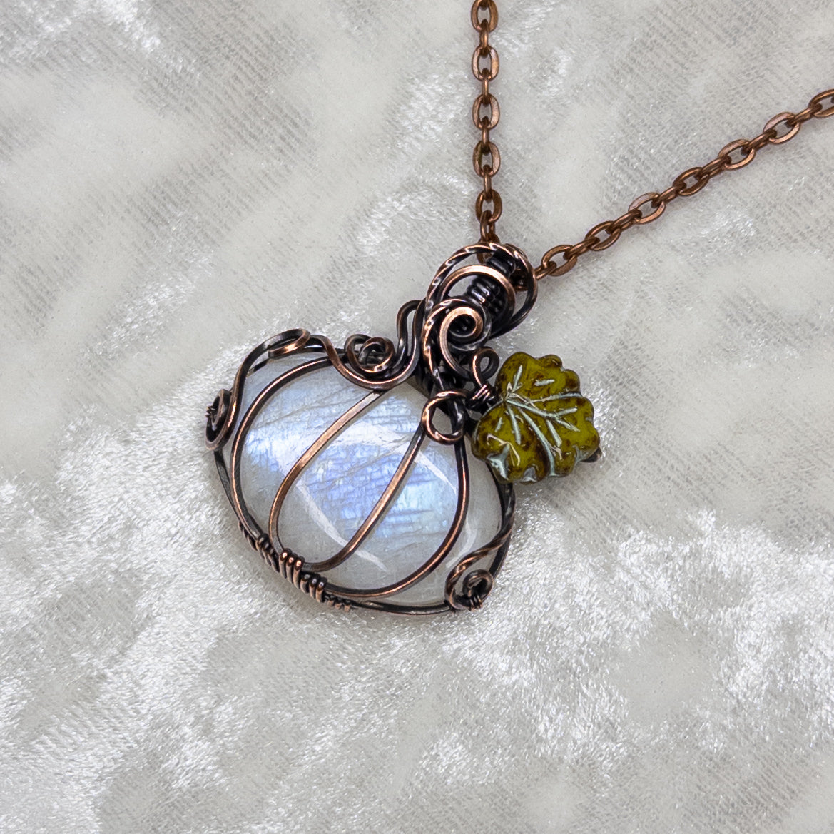 Moonstone Antiqued Copper Pumpkin Pendant With Czech Glass Leaf