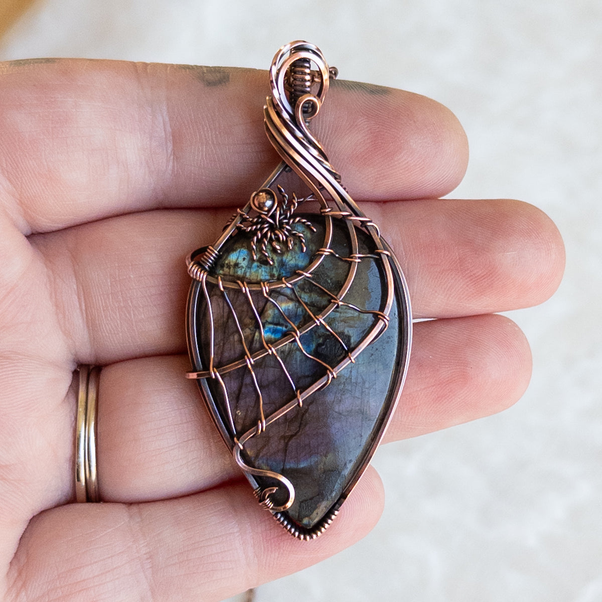 Labradorite Spider & Web Antiqued Copper Pendant