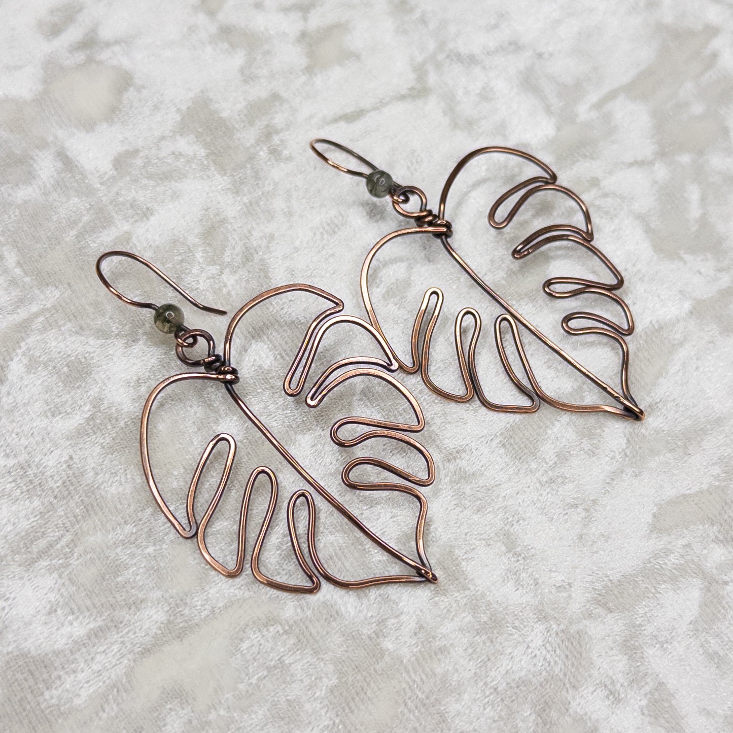 Moss Agate Hammered Monstera Leaf Antiqued Copper Earrings
