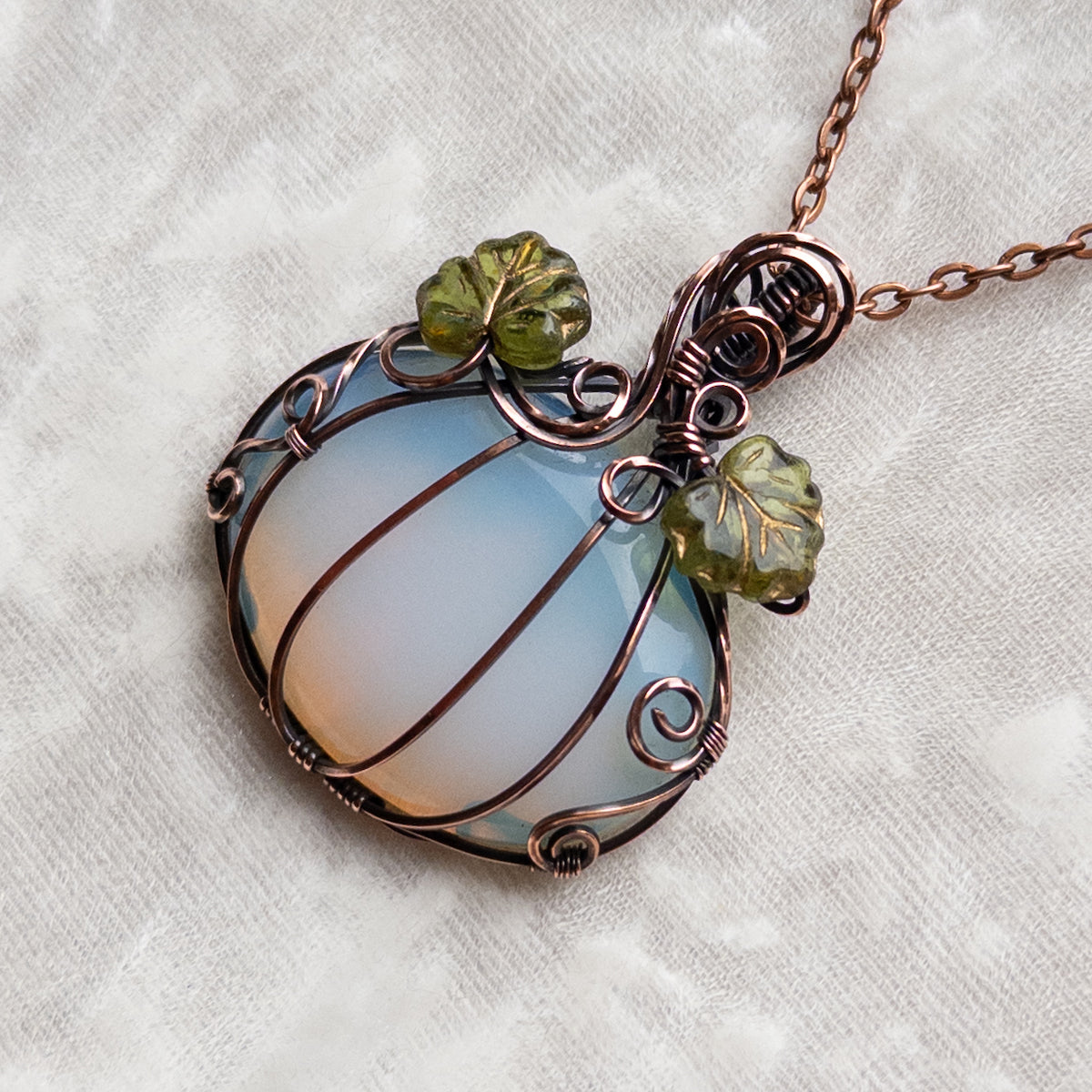 Opalite Glass Antiqued Copper Pumpkin Pendant With Czech Glass Leaves