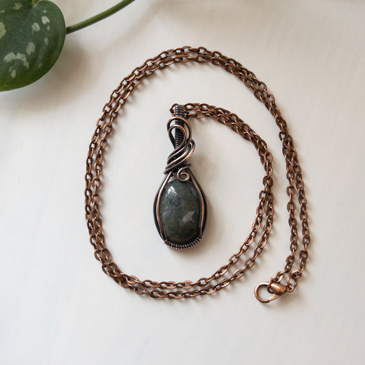 Moss Agate & Copper Wrapped Pendant