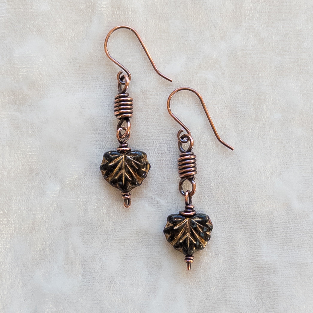 Black Leaf Antiqued Copper Earrings