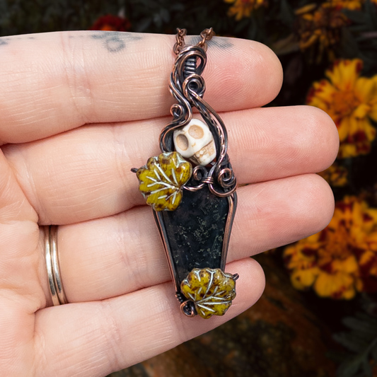 Moss Agate Coffin & Skull Antiqued Copper Pendant With Czech Glass Leaves