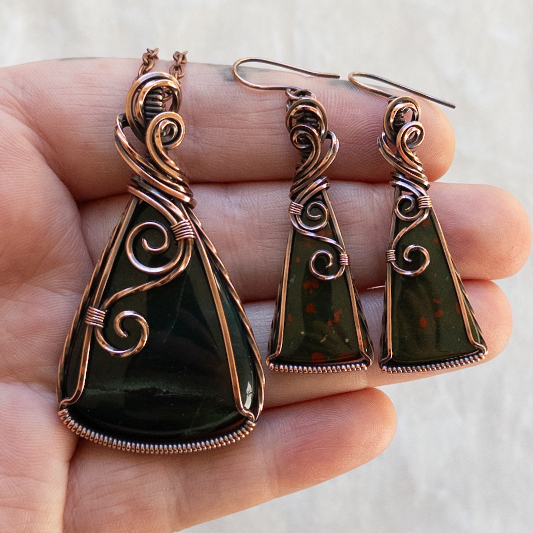 Bloodstone Jasper Antiqued Copper Pendant & Earring Set
