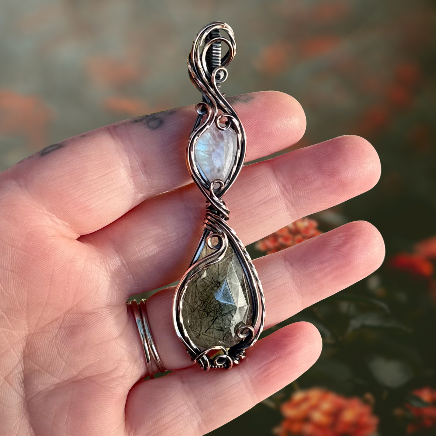Rose-Cut Prehnite & Rainbow Moonstone Antiqued Copper Pendant