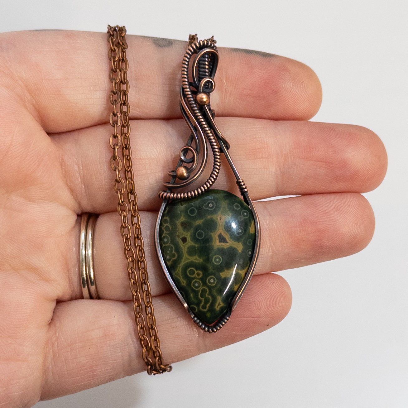 Green & Yellow Ocean Jasper Copper Wrapped Pendant