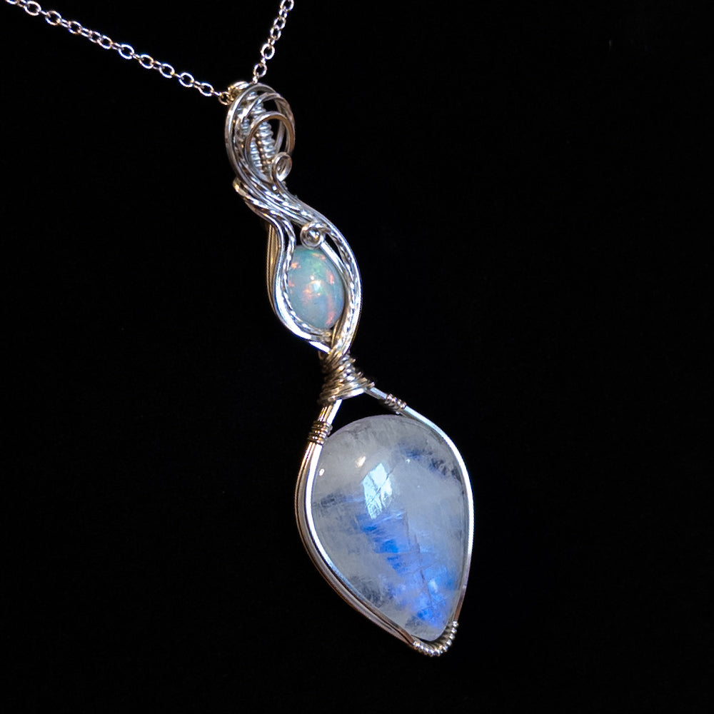 Blue Flash Moonstone & Ethiopian Opal .925 Sterling Silver Pendant