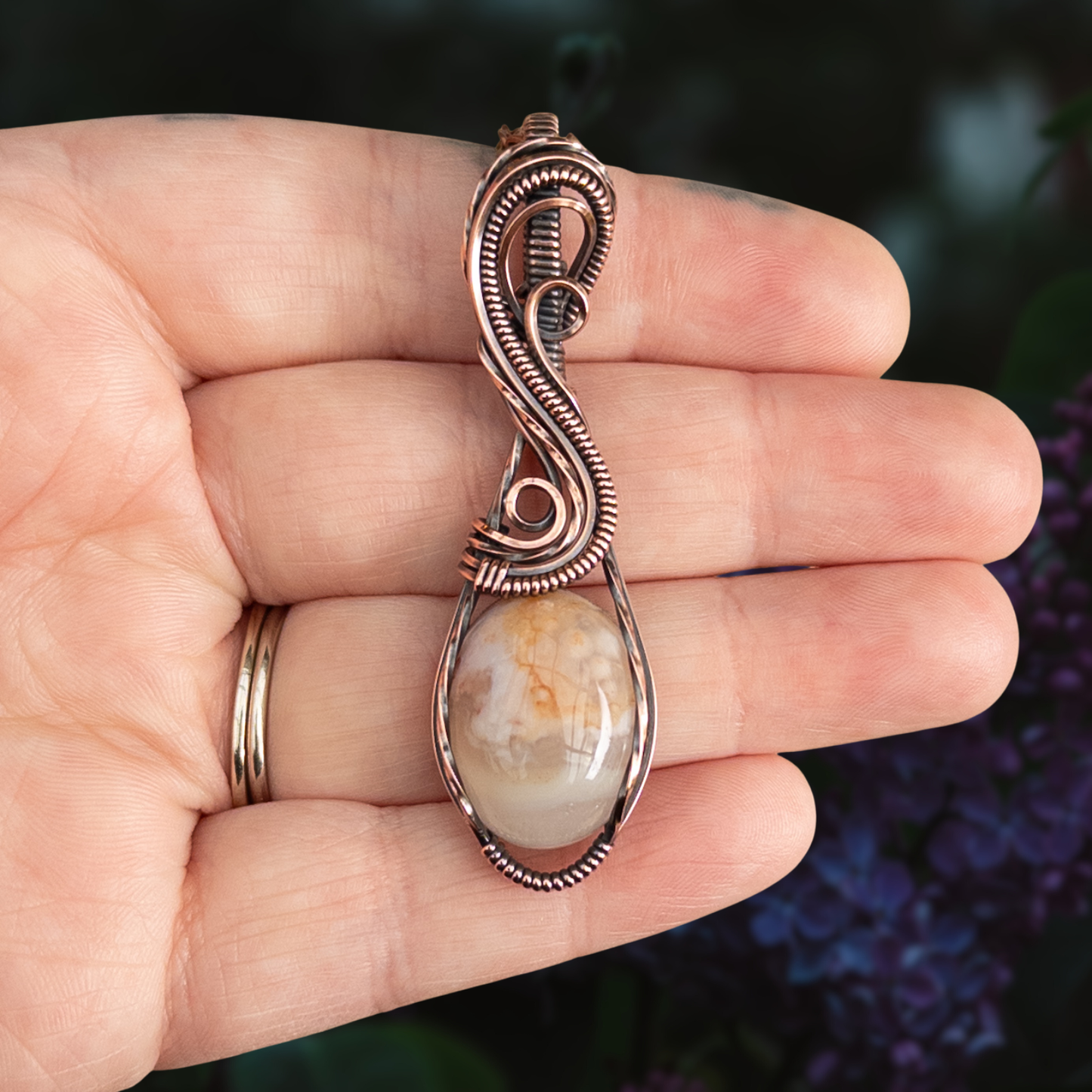 Flower Agate Antiqued Copper Pendant