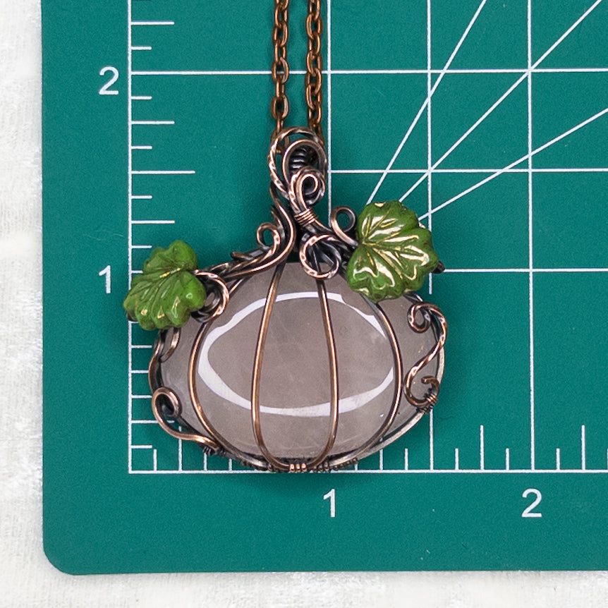 Large Rose Quartz Antiqued Copper Pumpkin Pendant With Czech Glass Leaves